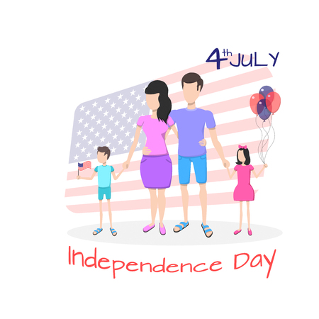 Happy family celebrate July 4, the Independence Day of the United States of America against the background of the USA flagのイラスト素材