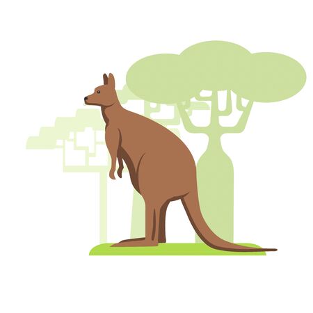 Australian kangaroo, flat image on white background, silhouettes of treesのイラスト素材