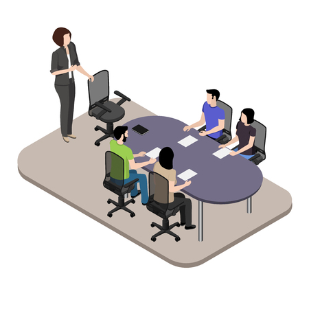 Meeting in the office, creative young people gathered for a meeting in the conference room to discuss working moments, isometric imageのイラスト素材