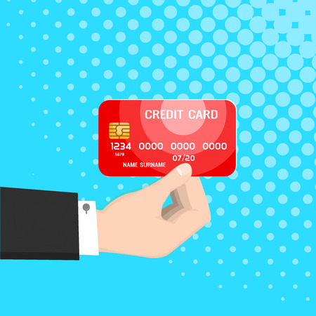 Red credit card in the hand of a bank employee on a blue backgroundのイラスト素材