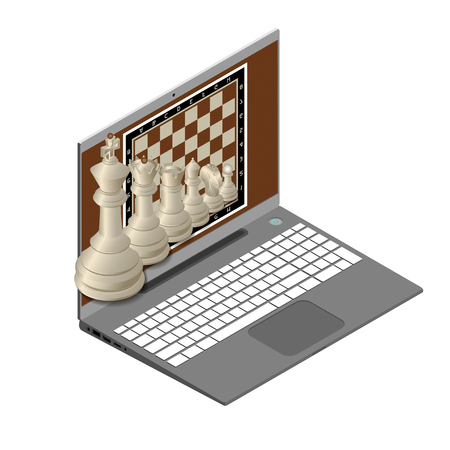 Laptop on a white background playing chess with a computer.のイラスト素材
