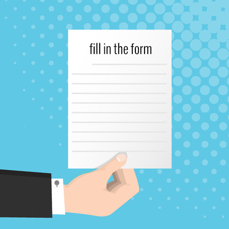 Blank form, hand holding a sheet of paper, flat illustration.のイラスト素材