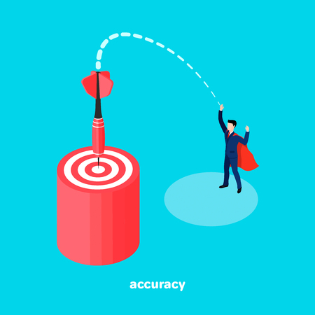 Target and dart, a man in a business suit made an accurate throw with a dart at the target, an isometric imageのイラスト素材