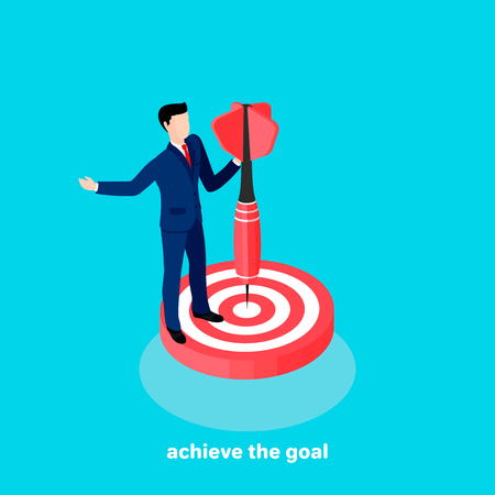 Achieve the goal, man in a business suit with a dart in his hand, image in an isometric styleのイラスト素材