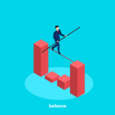 A man in a business suit walks along the rope stretched between the pillars of the chart, an isometric image.のイラスト素材