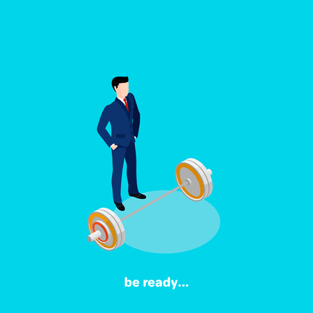 a man in a business suit stands next to the barbell, isometric imageのイラスト素材
