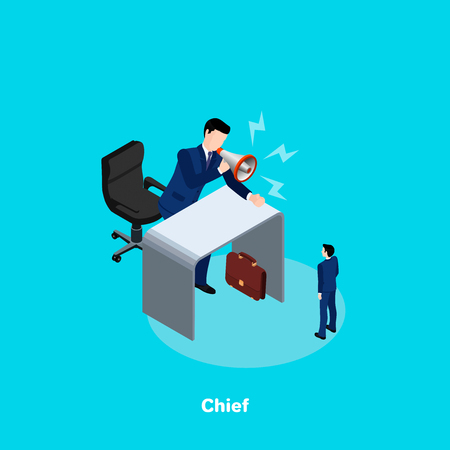 a man in a business suit emotionally speaks into a loudspeaker, an isometric imageのイラスト素材