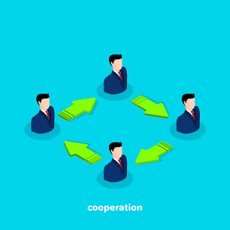 men in business suits and arrows connecting them, isometric business icon on cooperationのイラスト素材