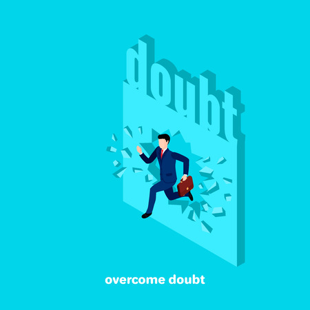 overcoming his own doubts, a running man in a business suit, an image in isometric style Vector illustration.のイラスト素材