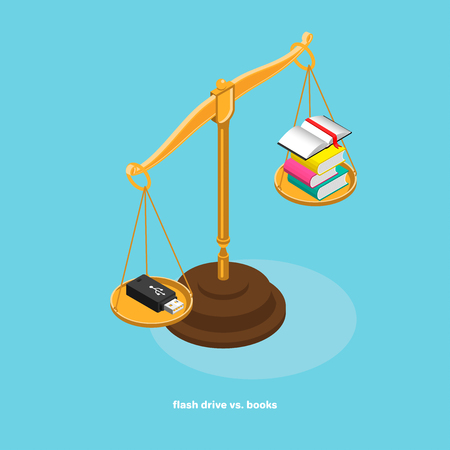 comparison of flash drives and books lying on the scales, isometric imageのイラスト素材