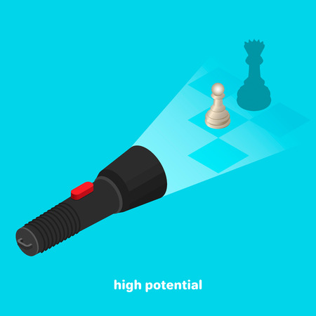 The potential of the pawn in chess, in the light of the flashlight the pawn throws out the queen's shadow, the isometric imageのイラスト素材
