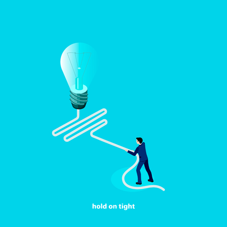 A man in a business suit pulls a light bulb, an isometric imageのイラスト素材