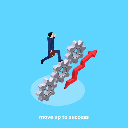 A man in a business suit is running up the gear, an image in isometric styleのイラスト素材