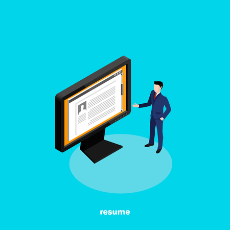 a man in a business suit presents his resume on a computer monitor, an isometric imageのイラスト素材