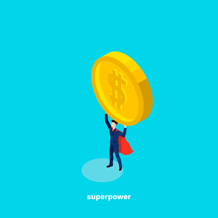 a man in a business suit and a superhero's cloak is holding a large coin with a dollar sign over his head, an isometric imageのイラスト素材