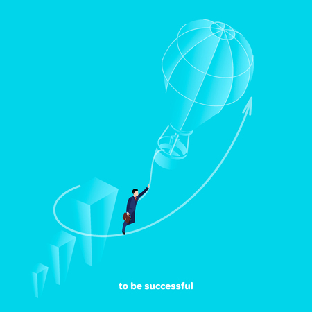 A man in a business suit clutching his hand with a rope flies to the top in a balloonのイラスト素材