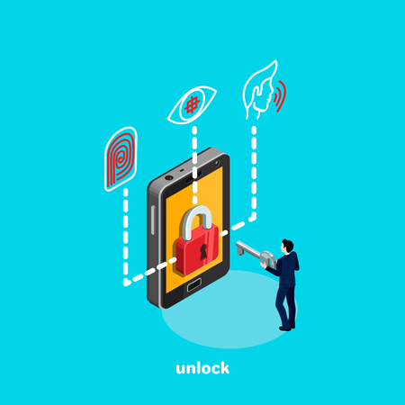 unlock smartphone and identity system, a man in a business suit with a key in his hands, an isometric imageのイラスト素材