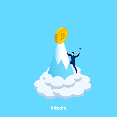 men in a business suit with a pick in the hand climbs to the top of the mountain for bitcoin, isometric imageのイラスト素材
