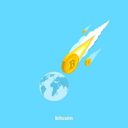 bitcoin as a comet flies to the ground, an isometric imageのイラスト素材