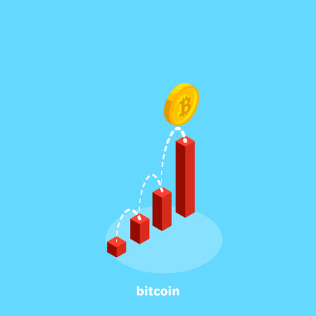 The coin bitcoin moves along an increasing trajectory along a diagram, an isometric imageのイラスト素材