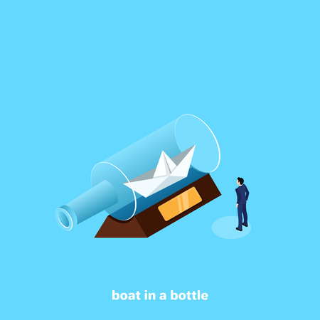 man in a business suit looks at a paper boat in a bottle, isometric imageのイラスト素材