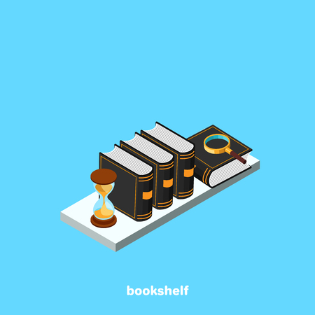 shelf with books and an hourglass on a blue background, isometric imageのイラスト素材