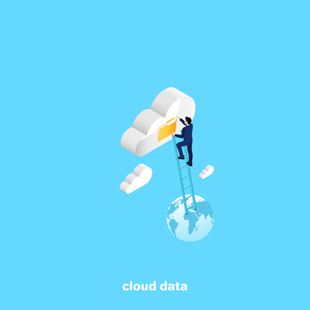 a man in a business suit climbed the stairs to a data cloud, an isometric imageのイラスト素材
