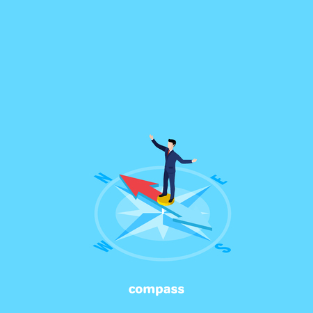 A man in a business suit stands on a compass needleのイラスト素材