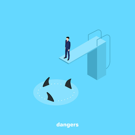 Man in business suit standing on diving platform with swimming sharks below, isometric style illustration.のイラスト素材