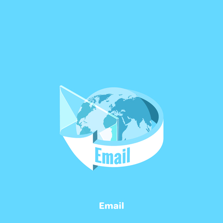 arched arrow on the globe and a translucent envelope, isometric imageのイラスト素材
