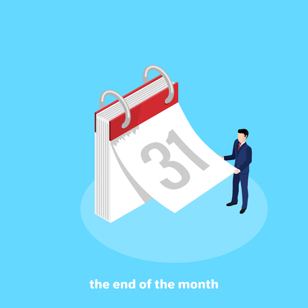 a man in a business suit tears off a sheet from the calendar, an isometric imageのイラスト素材