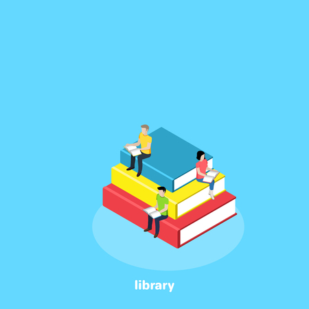 young people sitting on a pile of books and reading, isometric imageのイラスト素材