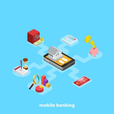 mobile banking and non-cash transactions concept vector illustration, isometric imageのイラスト素材