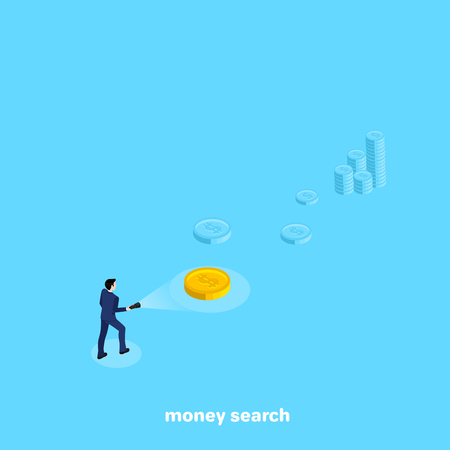 a man in a business suit with a flashlight finds money, an isometric imageのイラスト素材