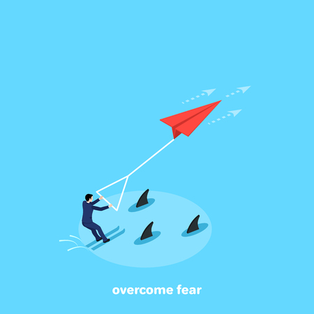 a man in a business suit skiing among sharks, isometric imageのイラスト素材