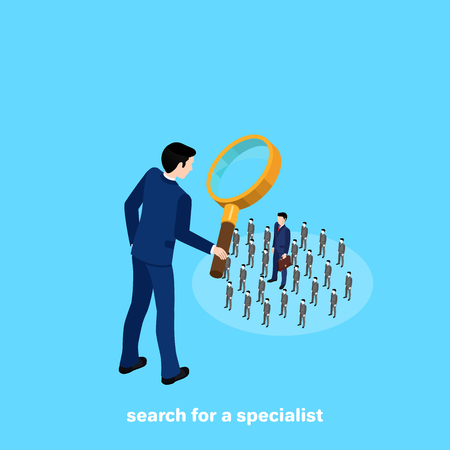 a man in a business suit looks at the  people through a magnifying glass, an isometric imageのイラスト素材