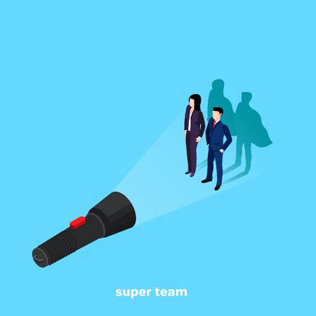 Woman and man in a business suit casts the shadow of a superhero in the light of a flashlight, personal and professional growth, an isometric imageのイラスト素材
