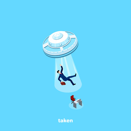 UFO takes a man in a business suit from a workplace, an isometric image Vector illustration.のイラスト素材