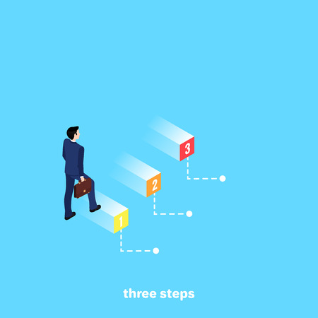 A man in a business suit with a briefcase in his hand walking on numbered steps, an isometric imageのイラスト素材