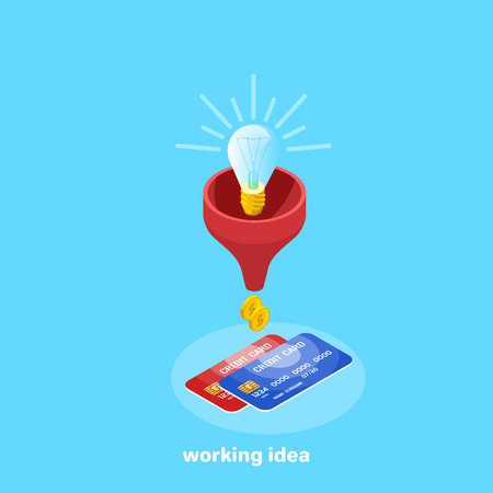 A light bulb in a red watering can and gold coins, an isometric imageのイラスト素材