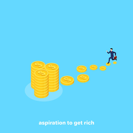 a man in a business suit runs on gold coins to big money, an isometric imageのイラスト素材