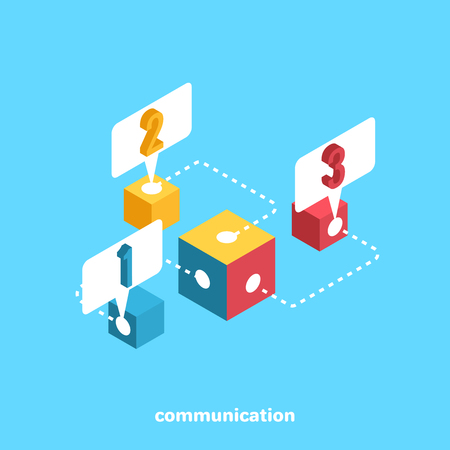 multicolored cubes connected by lines and pointers with figures, isometric image Vector illustration.のイラスト素材
