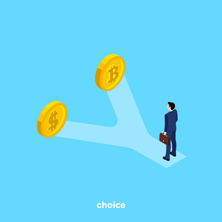A man in a business suit stands at a fork in the road, a choice between the dollar and bitcoin, an isometric imageのイラスト素材