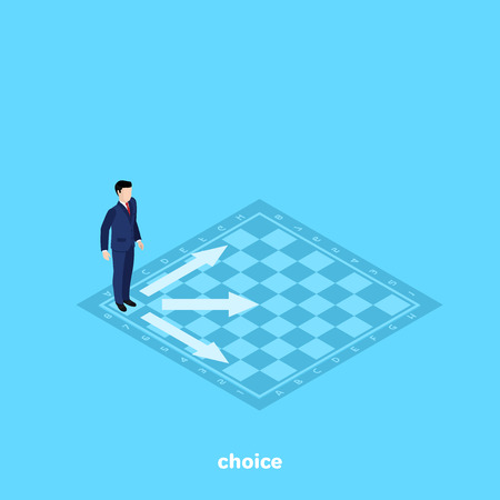 A man in a business suit stands on a chessboard and decides which one to make a move.のイラスト素材