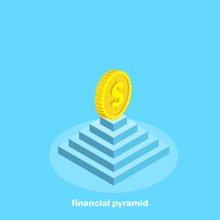 A large coin with a dollar sign stands on top of the pyramid, an isometric imageのイラスト素材
