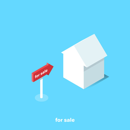 house on a blue background and arrow sign with an inscription for sale, an isometric imageのイラスト素材