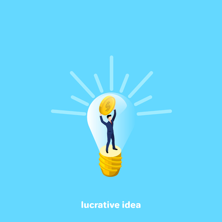 a man in business clothes is in the interior of a light bulb with a coin in his hands, an isometric imageのイラスト素材