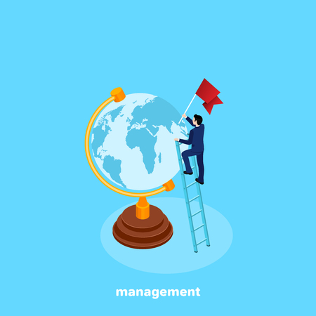 a man in a business suit is standing on a stair near a globe with a flag in his hand, an isometric imageのイラスト素材
