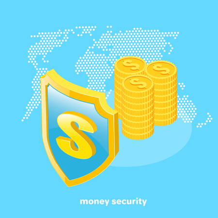 shield and gold coins on the background of the world map, isometric imageのイラスト素材