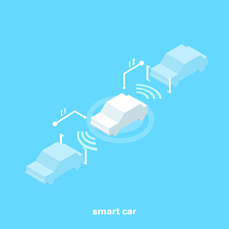 Smart car with sensors for a safe distance while driving, isometric imageのイラスト素材